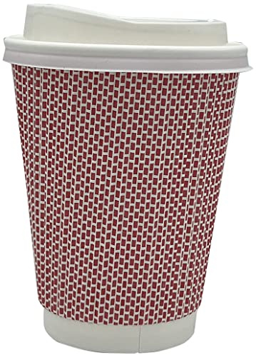 HOT BARGAINS 12oz Disposable Coffee Cups, 360ml Triple Layered Recyclable Paper Cups with Reusable Lids for hot and Cold Drinks, red and White Ripple Design, 50 Count