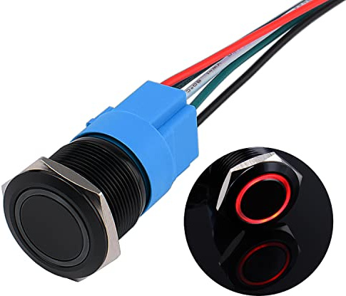 JIQI 22mm Druckschalter 12V bis 24V 5A Wasserdichte Latch Schalter aus Aluminiumlegierung IP66 1NO1NC vorverdrahte rastende schwartze Druckknopf mit LED Licht für Motorrad Boot LKW RV (Rot)
