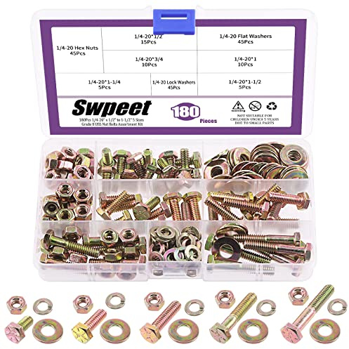 Swpeet 180 Stück 1/4-50.8 cmx1/2 Zoll bis 3.8 cm, USS Mutternschrauben-Sortiment, robuste Bolzenmutter und Unterlegscheiben-Sortiment Grobgewinde Sechskantschrauben t Flat und Sicherungsscheibe