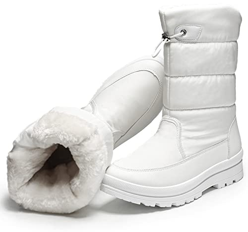 HYPOCRUTE Women's Warm Snow Boots with Fur Lined Black and White Wide Winter Boots Water-resistant Mid Calf Boots for Hiking,Working,Outdoors(White US11)