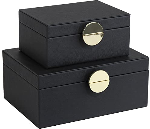 HofferRuffer Faux Leather Jewelry Boxes, Decorative Boxes Storage Accessory Organizer with Gold Hardware Decor, Classic Vegan Leather Set of 2 Pieces (Black)