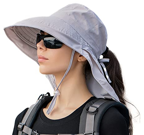 INSISMY Sonnenhut Damen Outdoor UPF 50+ UV Schutz Breiter Krempe Faltbar Gärtnerhut mit Nackenschutz Pferdeschwanz-Loch Kinnband Strandhut Safari Hut