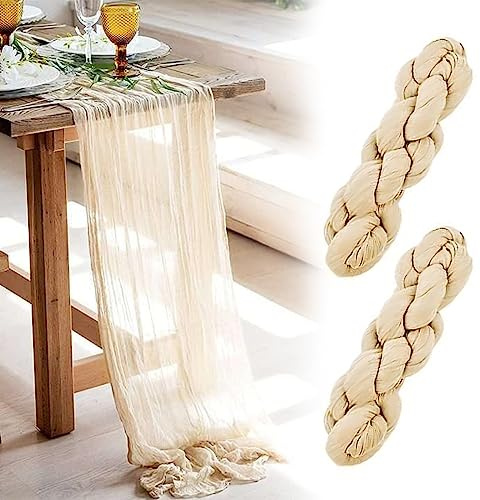 Tischläufer Käsetuch Boho, 2 Stück Seihtuch Tischläufer Modern für Vintage Hochzeits Babyparty Tischdekoration Bogen-Drapierung 158 Zoll, 400x90 cm (Beige)