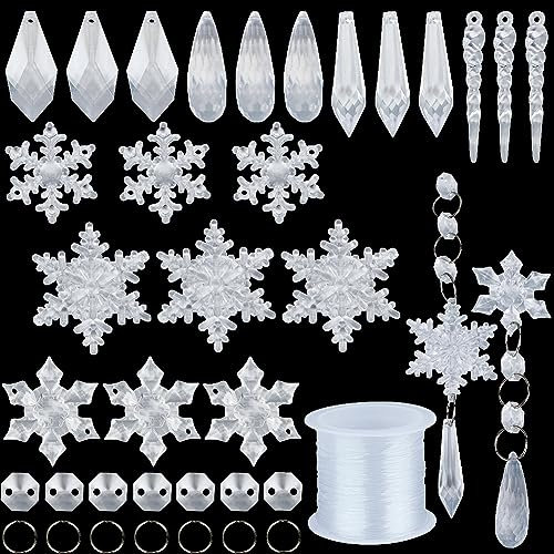 SUNNYCLUE 1 Box 192pcs 7 Styles Christmas Tree Decoration Crystal Ornaments Hanging Acrylic Christmas Snowflake Icicle Drop Teardrop Charm for jewellery Making Charms Finding DIY Necklace Earring