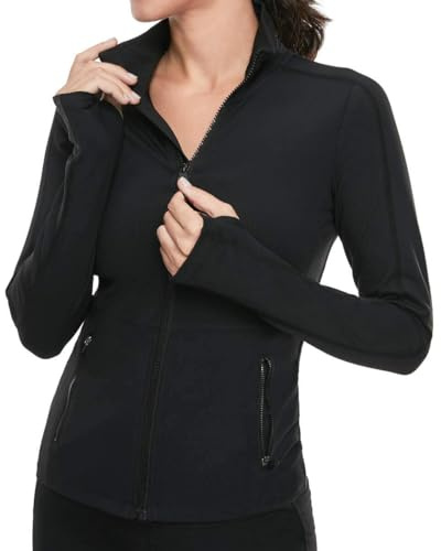 VUTRU Damen Laufjacke Hoher Kragen Leicht Sportjacke Langarm Yoga Shirt Fitness Jacke Atmungsaktive Trainingsjacke mit Daumenlöchern und durchgehendem Reißverschluss