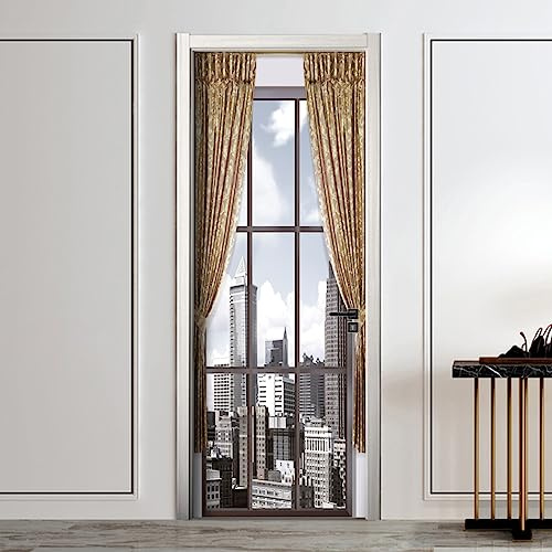 Türaufkleber 3D Türposter Kreative Schwarz-Weiß-Stadt Selbstklebend Wandbild 90X200Cm Türtapete Fototapete Türfolie - Abnehmbar Wandtapete Wohnzimmer Pvc Wasserdichte Wallpaper Art Wandtattoo