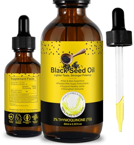 Huile de nigelle bio de qualité supérieure - 60 ml - 100 % pure et pressée à froid - Bienfaits pour le corps, les cheveux et la peau, parfaite pour tous les âges
