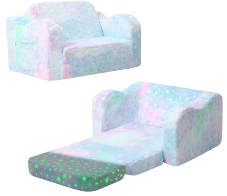 MeMoreCool Kindercouch, zusammenklappbares Kinder-Sofa, Bett, Kleinkind-Sofa, Stuhl zu Liege, ausziehbare Couch für Spielzimmer, leuchtet im Dunkeln