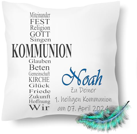 Print Deluxe Kommunion Geschenk, Personalisierbares Kissen bedrucktes für Jungen und Mädchen, mit Namen, Datum,Kreuz Wörter Anthrazit Symbole| Dekokissen,| Kuschelkissen 40X40 (mit Kissenfüllung)