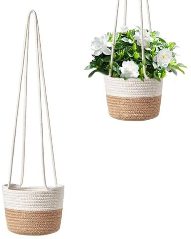 SHUESS Lot de 2 paniers à plantes en corde de coton - Panier de rangement - Pots de fleurs suspendus - En coton tissé à la main - Avec long crochet de suspension - Pour plantes - Décoration intérieure