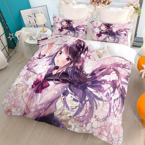 Qiqumax Parure de lit 135x200 Anime Fille Ensemble de literie pour enfants filles, Ensemble de housse de couette Manga japonais Fille Housse de couette en microfibre douce avec taies d'oreiller (2