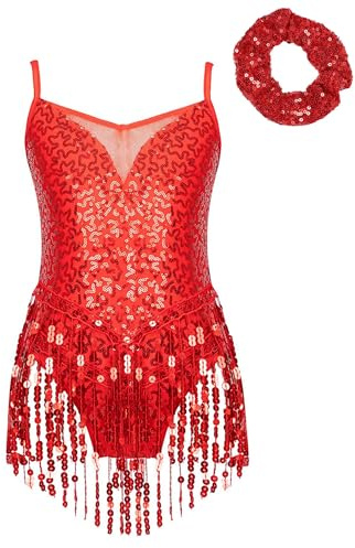 Jhaoyu Girls Tassel Hem Latin Dance Leotard Dress Sequins Ballroom Tango Costume Fringed Bodysuit with Hair Tie Red 11-12 Years
