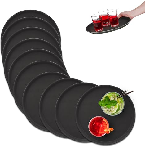 Relaxdays Lot de 10 Plateaux de Service, antidérapants, Ronds, Servir Boissons, Restauration, diamètre 35 cm, Noir