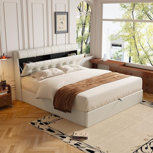 Kayan Polsterbett 140x200cm, Boxspringbett mit hydraulisches Bettkasten, Bett mit Lattenros, Stauraum Kopfteil, Doppelbett Jugendbett Bettrahmen, Kunstleder, Ohne Matratze (Cremeweiß, 140x200 cm)