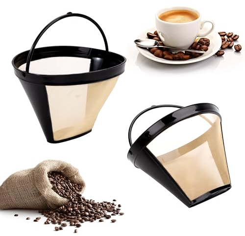 Kaffeefilter Wiederverwendbar Kaffeefilter Edelstahl Kaffee Dauerfilter Größe 4 100 Mesh Waschbar mit Griff für 8-12 Tassen Kaffee Golden 2 Stücke