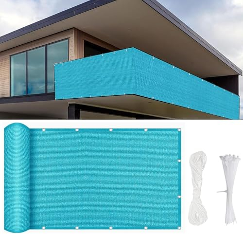 Balkon Sichtschutz Balkonabdeckung 650 x 95 cm Multi Farbe Und Größe, Balkon Sichtschutz Atmungsaktiv, mit Kabelbinder Und Kordel, für Hofmauer Terrasse, Himmelblau