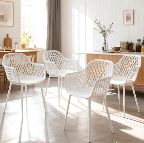 buybyroom Sedie Cucina Set da 4, Sedie Sala da Pranzo con Braccioli, Sedie Plastica Gambe Metallo, Per Sala da Pranzo, Soggiorno, Cucina e Camera da Letto, Bianche