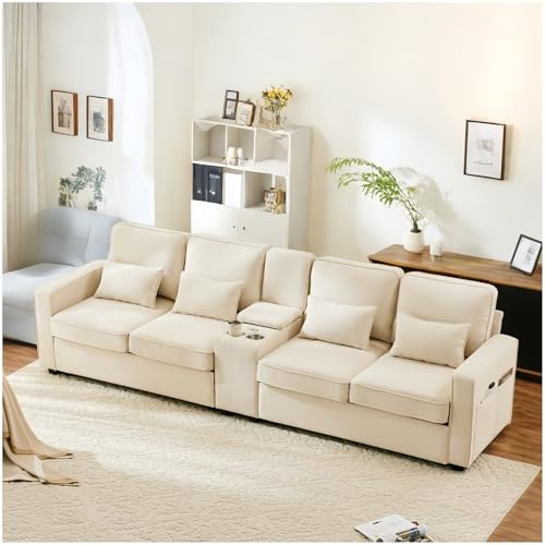 Lubvtti Sofá 4 plazas con Consola, 2 portavasos y 2 Puertos de Carga USB, sofá Moderno de Tela de Lino con Bolsillos en los reposabrazos y 4 Cojines, sofá Simple para salón, Oficina, Beige