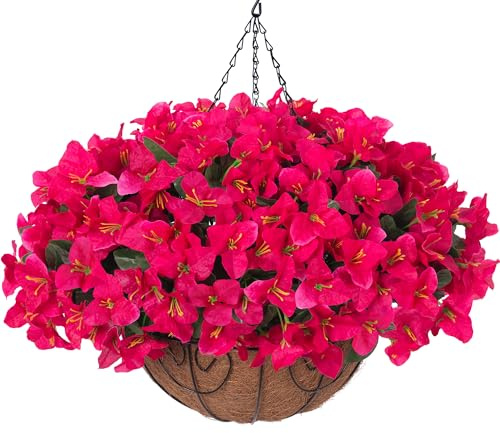 Artificial Fake Hanging Flowers Plants Basket for Outdoors Decoration, Faux Silk Bougainvillea Flowers in Planter UV Resistant Realistic Flower for Outside Porch Patio Garden Yard Home Decor (Hotpink)