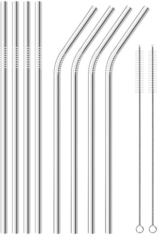 WOLMIK Stainless Steel Straws - 8 PCS Reusable Metal Straws Drinking, 300 MM Eco-Friendly Stainless Steel Drinking Straws for Cocktail, Milkshake, Cold & Hot Drinks - 4 Straight + 4 Bent + 2 Cleaners