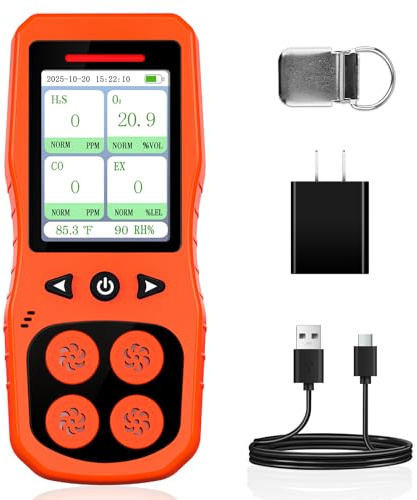 ZYKYCX 4 Gas Monitor Multi Gas Detector for O2, CO, H2S, Combustible Gas Tester, Rechargeable 4 Gas Leak Detector, Digital Gas Meter with Sound, Light & Vibration Alarm, Orange