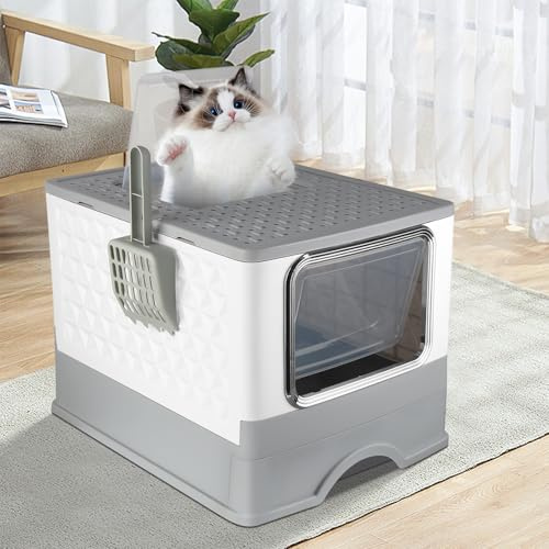 Maison de Toilette pour Chat,Litiere Chat Autonettoyante, Pelle + tiroir à litière Nettoyage Facile, Grand pour Les Chats et Les Lapins,Anti-fuites, Anti-Traces, 52 * 39 * 39cm-Gris