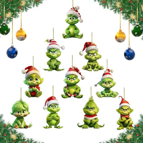 KOMEIYL 10pcs Grinch Deko Weihnachten, Grinch Baumschmuck Acryl-Hängende Ornament, Christbaumschmuck Charakteranhänger, Verwendet Weihnachtliche Atmosphäre Schaffen Festliche Szenen