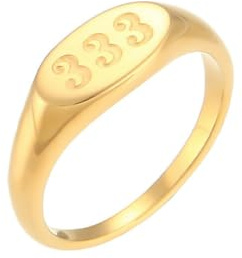 OAKKY Frauen Persönlichkeit Einfach Klassisch Rundschliff Glücks Engel Zahlen 333 Siegelring Edelstahl Sport Statement Band Komfort Fit Gold Größe 57 (18.1)