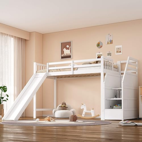 MQGPM Hochbett 90x200 cm mit Rutsche und Stauraum, Etagenbett Kinderbett mit Treppe und Lattenrost, Bettgestell aus Kiefernholz, Bett für Kinder und Jugendliche, Weiß