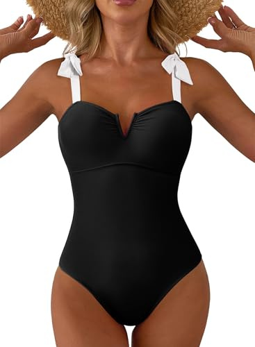 Aleumdr One Piece Swimsuit for Women Vintage Print Swim Suit Black Medium | Full Coverage, Padded, Tummy Control Swimwears, Bathing Suits Womens, V Neck Floral Slimming Swimsuits