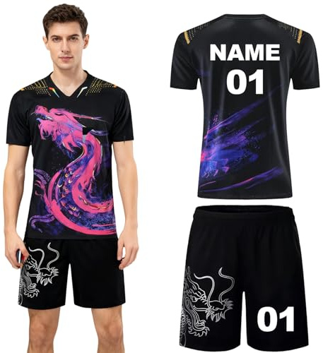 PSKJHN Personalisiertes Tischtennis Trikot Set Herren Damen Kinder-Atmungsaktives Sportshirt Mit Shorts Polyester-Individuelle Customisation Mit Namen, Nummer, Logo-GeschenkideeMen Black,L