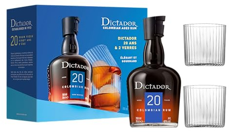 DICTADOR - 20 ans Coffret 2 verres - Rhum - Origine : Colombie - 40% Alcool - Notes de vanille & Caramel - A déguster pur - 70cl