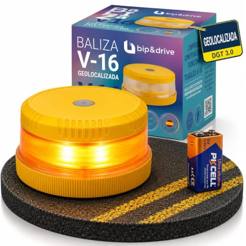 Baliza V16 Homologada DGT con Geolocalización | Luz de Emergencia Coche LED 360° 1km | Conectada Plataforma DGT 3.0 | Resistente a la Lluvia | con Indicador de Batería y Base Imantada | Bip&Drive