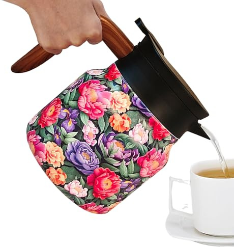 Teiera termica vintage con motivo floreale, in acciaio, caraffa termica vintage, doppia parete, coperchio infusore, elegante per il Ringraziamento, Natale, Capodanno cinese
