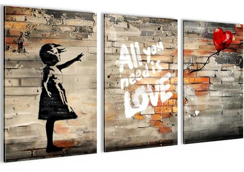 Novart Bilder Set Banksy - KEIN EXTRA RAHMEN BENÖTIGT - Wandbilder für Wohnzimmer Schlafzimmer Büro - 3 Bilder 40x60 cm Deko Mädchen mit Luftballon - N042036a