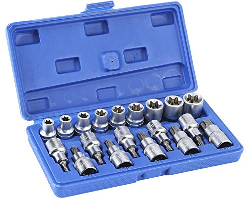 Tbest 19Pcs Set 1 / 2in Drive Star Hex Socket Bit Kit E Type Male Female Car Repairing Tool Durable Chrome Vanadium Steel Construction for Automotive Maintenance and Projects