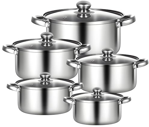 Batterie de Cuisine 10 Pièces en Acier Inoxydable, Casseroles 16/18/20/22/24 cm avec Couvercles en Verre, Non Couché, Poignée à Double Oreille, pour Induction, Gaz