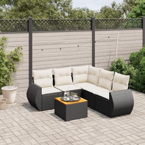 HETFTJN 6-TLG. Gartenlounge Schwarz Poly-Rattan mit Akazienholz-Tisch 62x62x69 cm UV-beständig platzsparendes Balkonmöbel-Set mit cremeweißen Kissen für Garten Terrasse kleinen Balkon