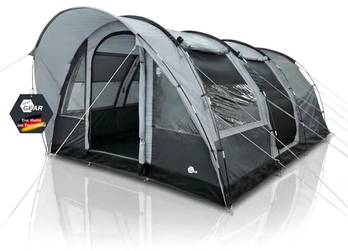 your GEAR Zelt Bora - Tunnelzelt für 4 oder 5 Personen, UV 50+ Familienzelt, dunkle Schlafkabine, großer Wohnraum und Fenster, wasserdichtes Campingzelt (5000 mm), Stehhöhe, Vordach, breite Eingänge
