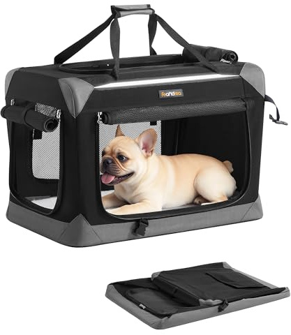 Feandrea Hundebox faltbar, Transportbox, Hundetasche, Oxford-Gewebe, mit 4 Türen aus Netzstoff, Griffen, Tasche, 60 cm, für kleine Hunde, tintenschwarz-Taubengrau PDC026BH01