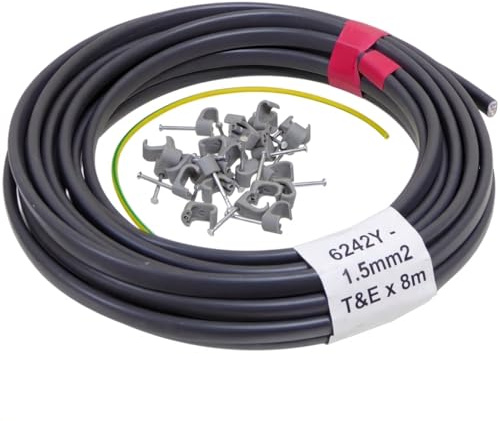 8m x Twin and Earth 1.5mm Cable with Clips and Earth Sleeving for Lights, Fans, Thermostats - Flat T&E 6242Y BASEC