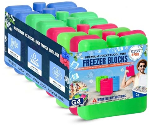 G4GADGET Freezer Blocks 8 Pack (8cm) | Reusable Ice Packs for Cool Bags, Lunch Boxes & Cool Boxes | Long Lasting Cooler Blocks for Travel, Picnic, Camping Accessories | Leakproof & Durable