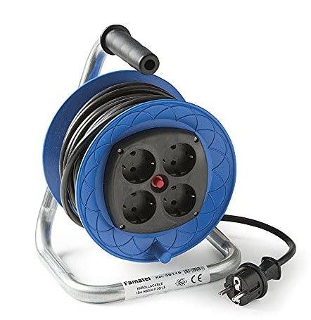 FAMATEL – Enrollacable 4 tomas | TT | 16A | 250V | 15 metros | Cable 3 x 1,5 | Disyuntor