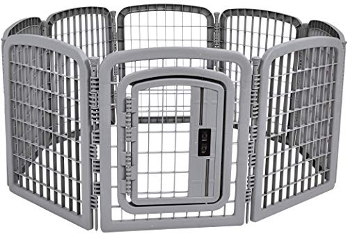 Amazon Basics 8-Panel Octagonal Plastic Dog Playpen, Indoor/Outdoor Pet Fence with Gate, Exercise Pen for Puppies and Small Animals, 28 inches, Grey