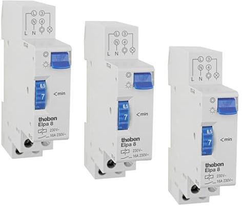 Theben multipack 0080002 ELPA 8 3 unidades minutero de escalera | 1-7 min, 300 W LED, 3/4 hilos, rearmable tras 30 s, consumo en reposo 0 W, selector de luz permanente, pack 3 unidades