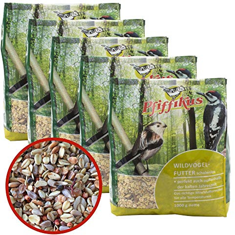 5er Pack schalenloses Wildvogelfutter zur Ganzjahresfütterung 5 x 1 KG - Vogelfutter für Vogelfutterhaus, Vogelfutterspender oder zum Streuen im Sommer und Winter - 100% natürlich u. ohne Zusatzstoffe