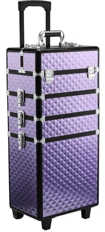 HOMCOM Valise de maquillage professionnelle, valise de voyage en aluminium, 2 roulettes, violet 33.5x23x76/95.5cm