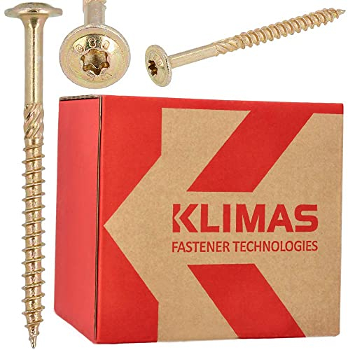KLIMAS Tornillos Torx para madera Torx de cabeza de plato, 6,0 x 100 mm, 100 unidades, arandelas para terraza, tornillos universales, juego de construcción de techo, color amarillo