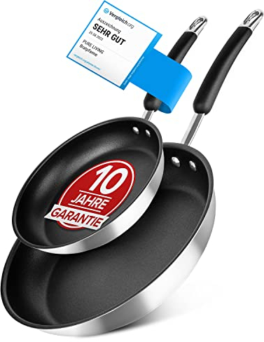 Pfannenset Induktion für alle Herdarten 20cm und 28cm beschichtete Pfannen aus Edelstahl - 10 JAHRE GARANTIE, Optimierte Griffe, Perfekte Hitzeverteilung, Spülmaschinen- und Ofenfest - Bratpfanne Set