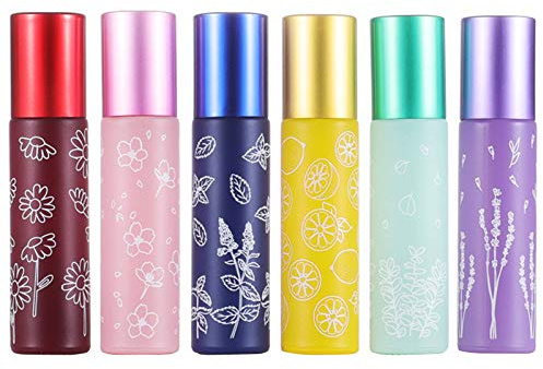 Alledomain 6Pcs, 10ml Essential Oil Roller Bottles Refillable Empty Colorful Printed Frosted Glass Roll on Bottle Clear Roll Bottles with Stainless Steel Roller Balls, Include 1 Dropper & Opener